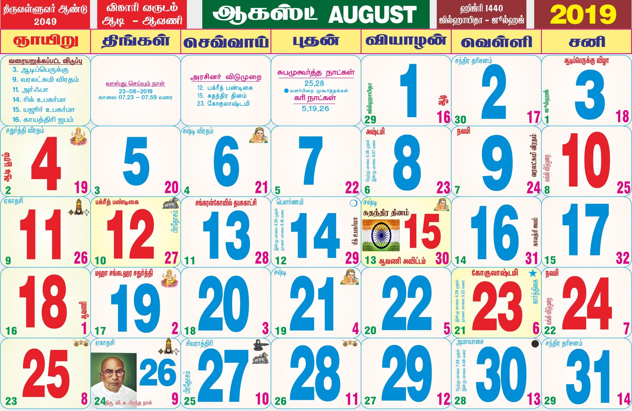 August Month Tamil Calendar 2019 Dharmapuri Online