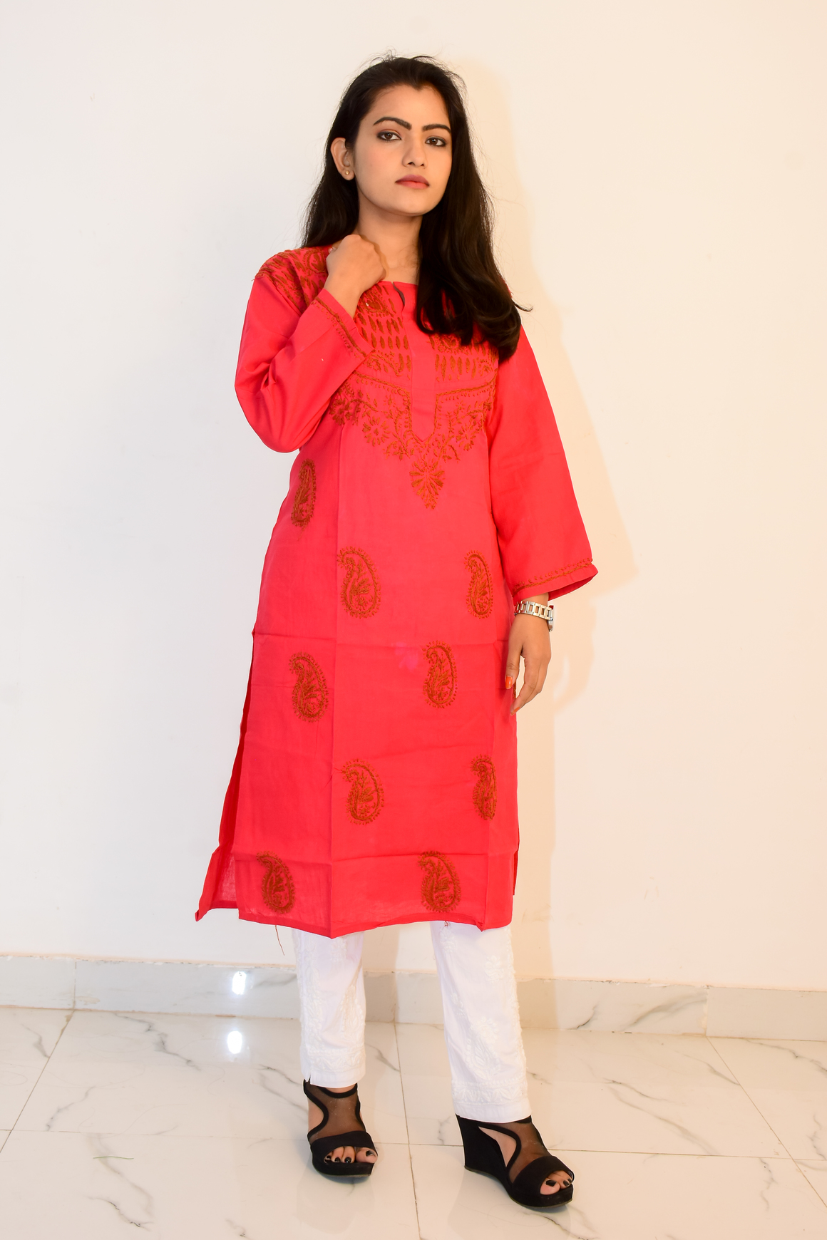 Shyamal Chikan Hand Embroidered Red Cotton Lucknowi Chikankari Kurti S